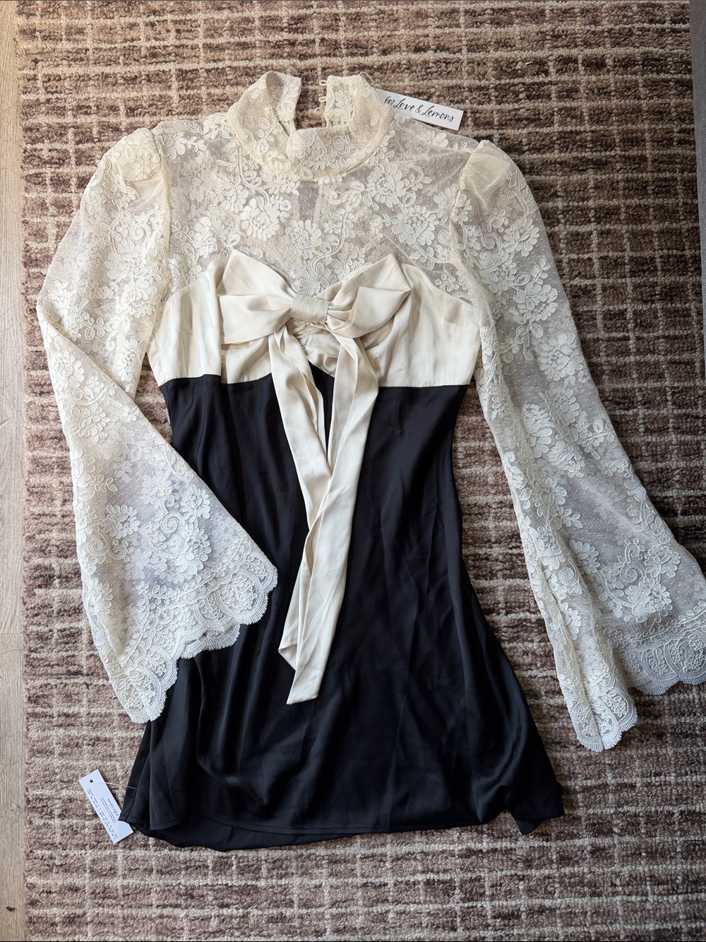 For Love and Lemons - Lace Contrast Bow Front Mini Dress - Cream & Black Large - Picture 5 of 9